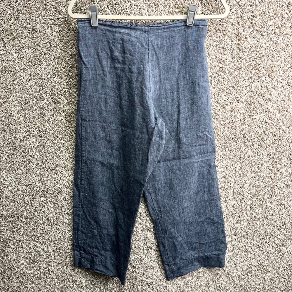 Bryn Walker Pants Women's XS Blue 100% Linen Elastic Waist Wide Leg Crop